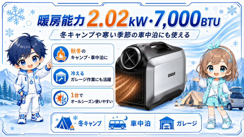 暖房能力2.02kW｜冬キャンプや寒い季節の車中泊にも使える