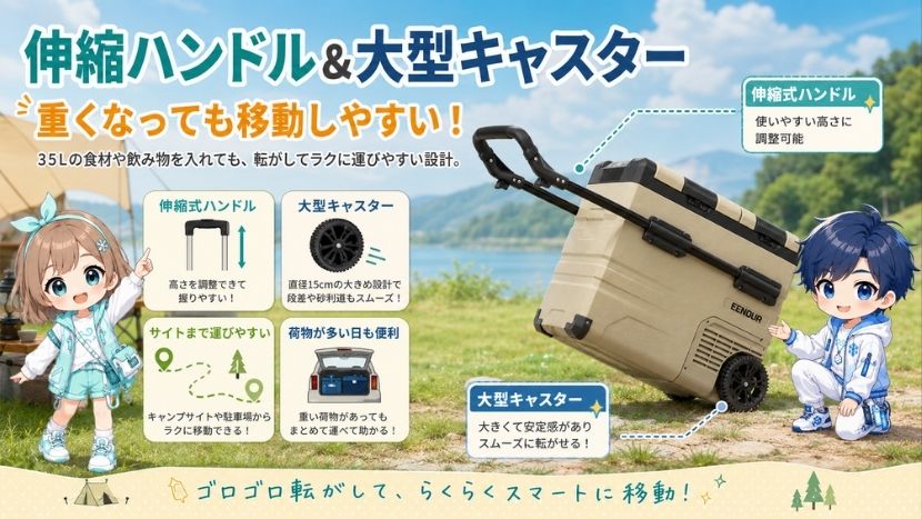 伸縮ハンドル＆大型キャスター｜移動しやすい