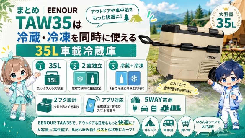 まとめ｜EENOUR TAW35は冷蔵・冷凍を同時に使える35L車載冷蔵庫