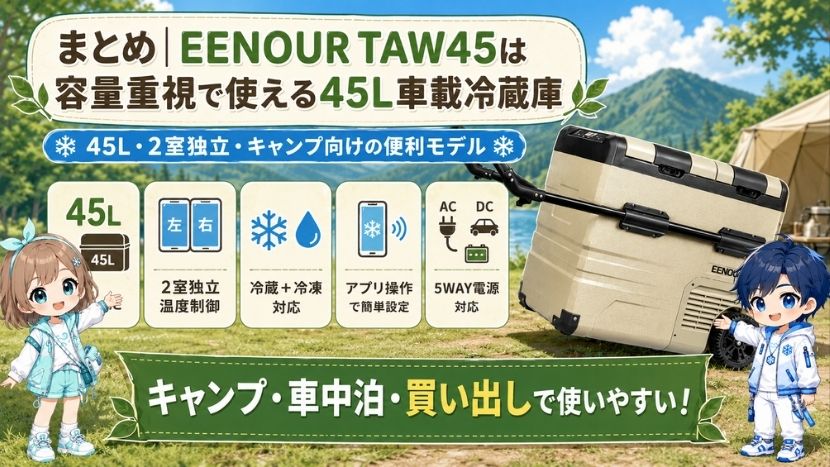 まとめ｜EENOUR TAW45は容量重視で使える45L車載冷蔵庫