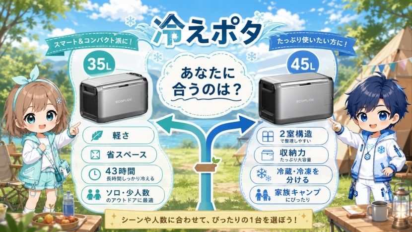 違い⑤ 選び方比較｜軽さなら35L、2室冷蔵冷凍なら45L