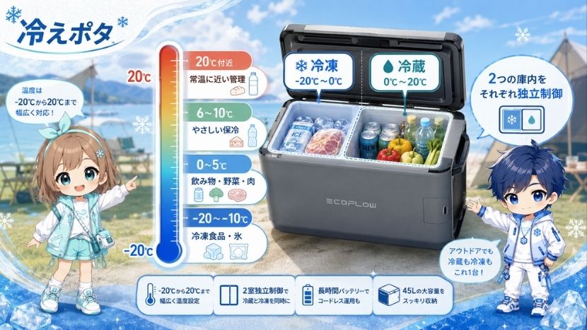 冷却性能｜-20℃〜20℃で冷蔵から冷凍まで対応